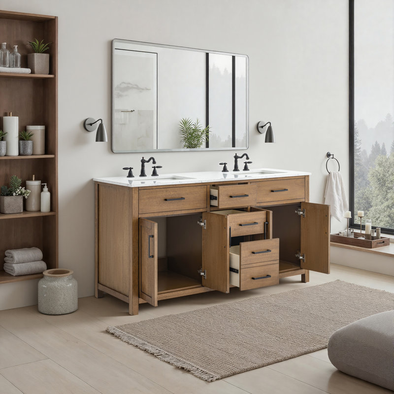 Shamar 60" Double Bathroom Vanity With Engineered Marble Top, Mango Ember 