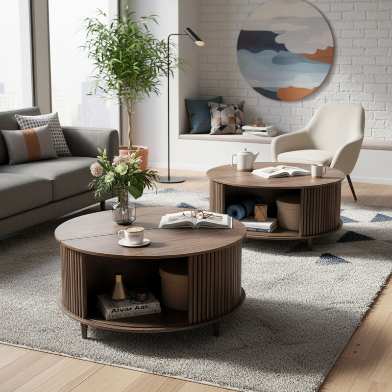 Round Coffee Table with Storage, Dark Brown