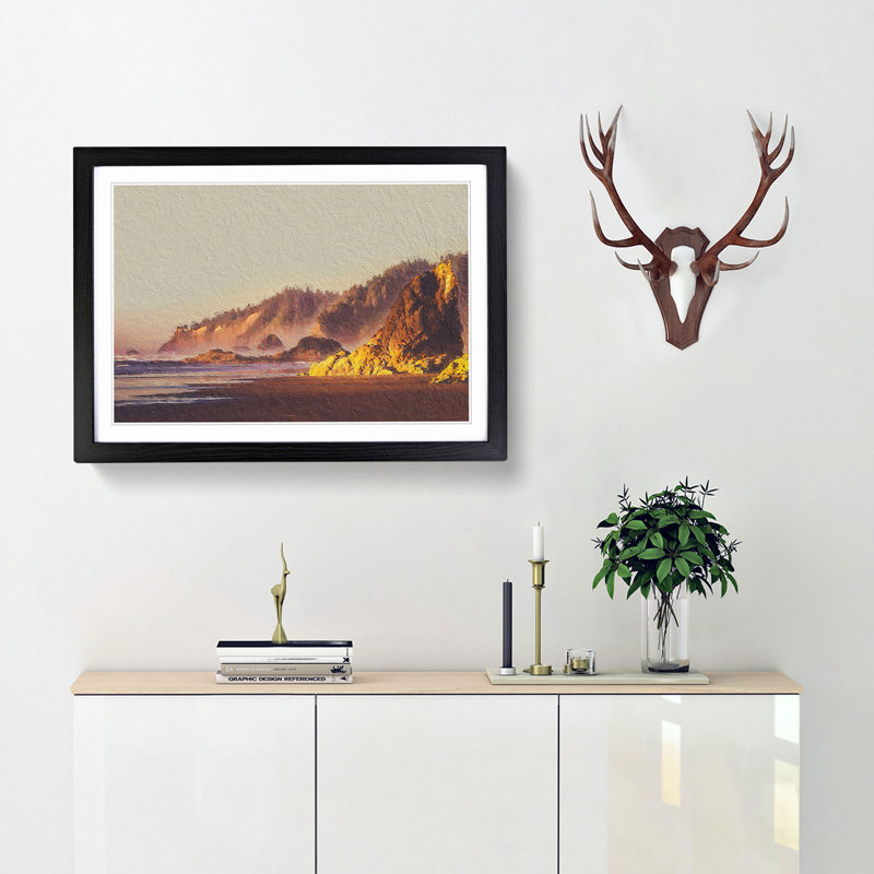 Oregon Beach at Sunset - Framed Print, 36cm H x 48cm W x 2cm D, Black Framed