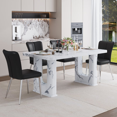 64.5" Modern Faux Marble Dining Table Set With Glass Decor