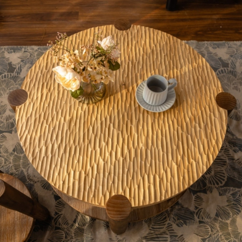 Medieval modern style coffee table, two-tier round coffee table with storage rack