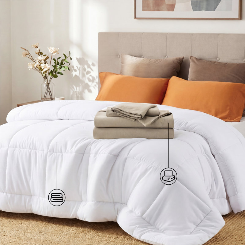 Bedsure Full All-Season Comforter Bedding Set, Box-Stitch White Down Alternative Duvet Insert + 100% Washed Cotton Tannish Linen 3 Piece Duvet Cover Set