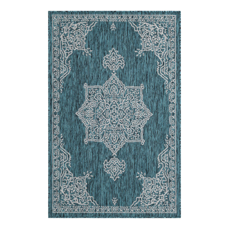 Tapis bleu / gris en polypropylène tissé à la machine à motif oriental Craighead, Rectangle 3 pi 1 po x 5 pi 3 po