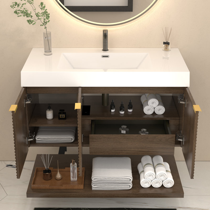 Stella 42 Inches Wall Mounted Vanity Set With Doors And Inside Drawer, Chestnut Brown
