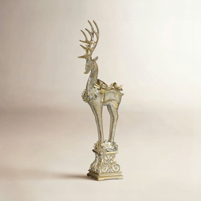 18" Resin Deer With Magnolia Garland Pedestal