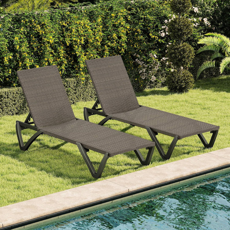Pool Lounge Chairs Set Of 2, Aluminum Patio Chaise Lounge With Wheels, All Weather Outdoor Lounge Chairs For Beach, Yard, Balcony, Poolside