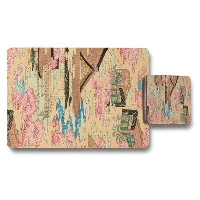 Pastel City Scene Placemats and Coaster Set With Blossom Accents
