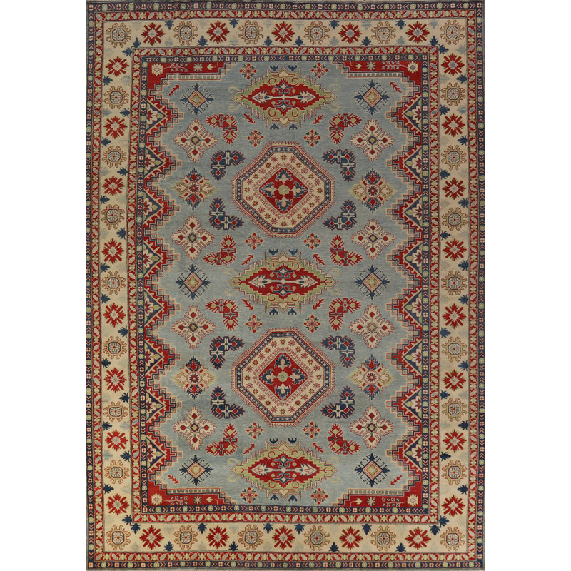 Tapis oriental bleu clair à motif géométrique Kazak 10 x 13