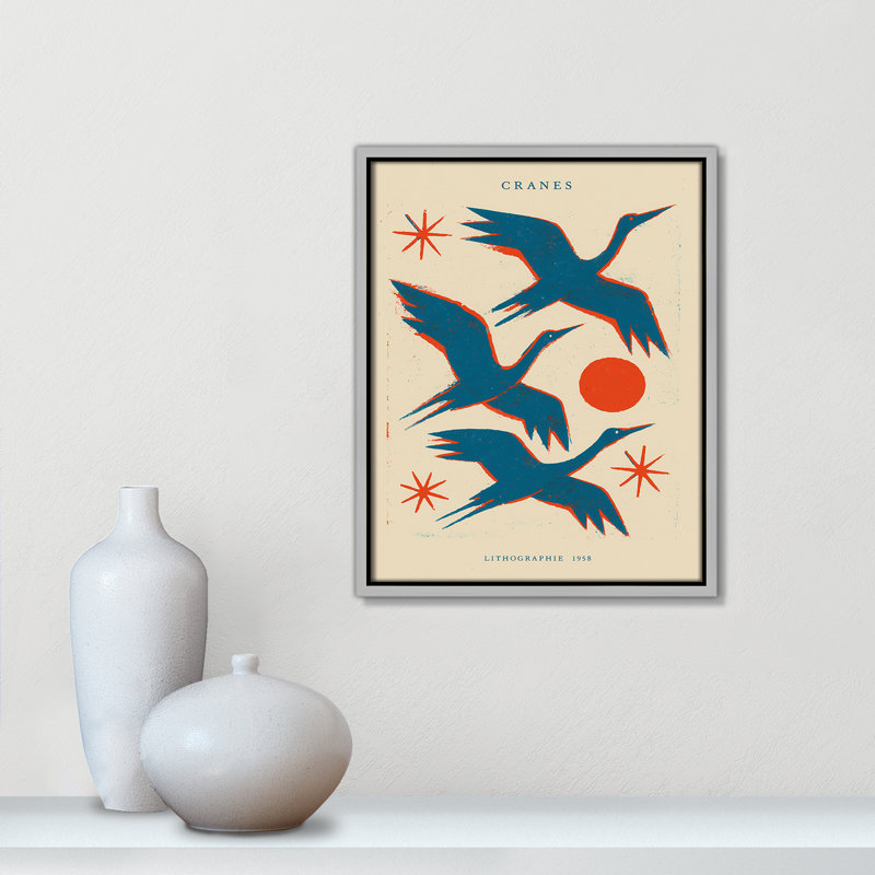 «Cranes» par Treechild, Toile avec cadre, Flottant argent, 12.5'' W x 15.5'' H