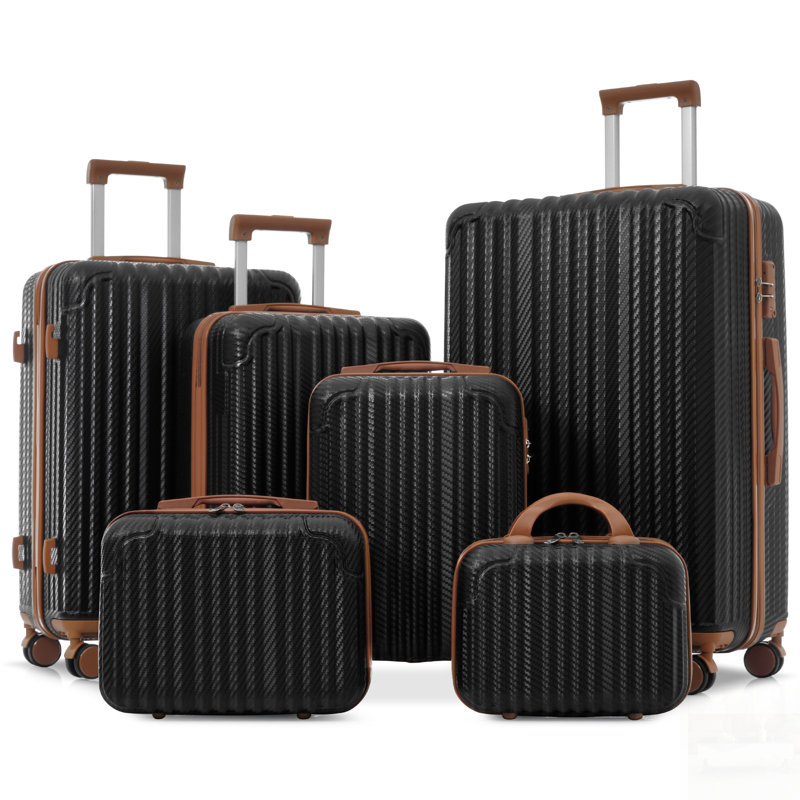 Ensemble 6 pièces de valise rigide en ABS avec roues pivotantes, verrou TSA, crochets latéraux, sacs de transport légers et à carreaux