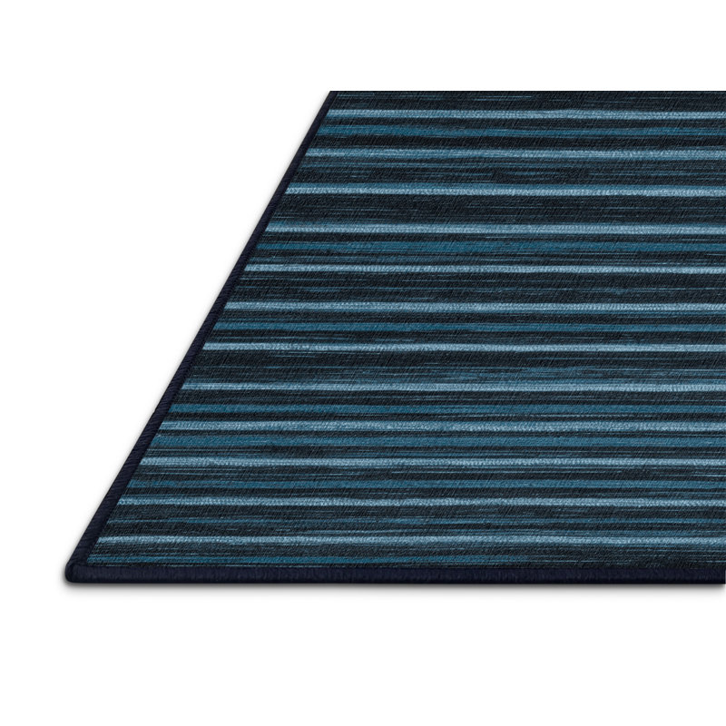 Machine Washable Horizontal Stripes Blue Area Rug, Square 8'