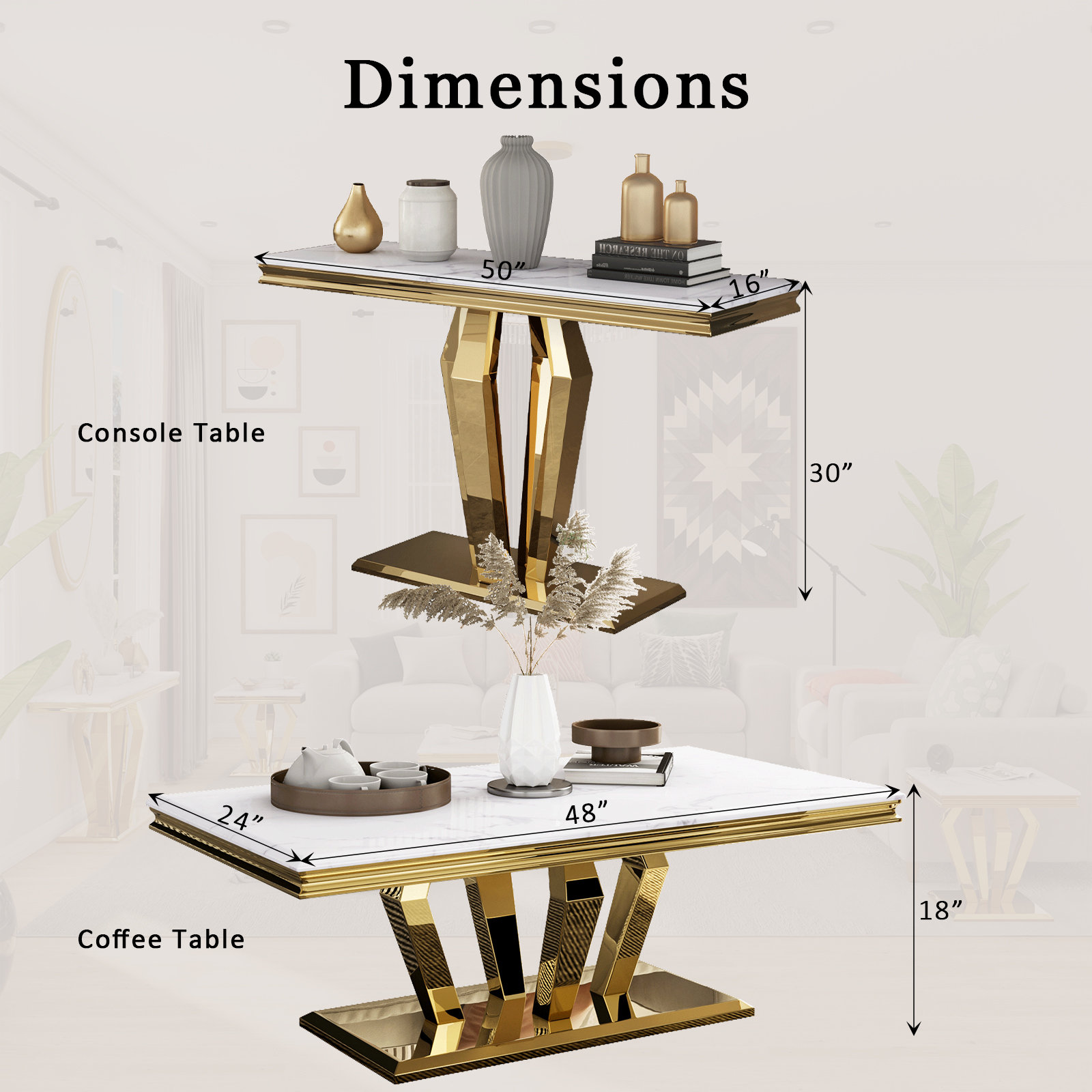 Everly Quinn Coffee Table Set, Modern Gold Coffee Table With 4 ...