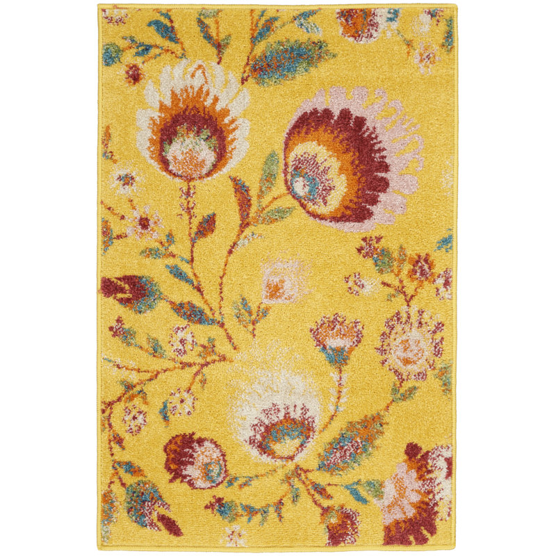 Tapis jaune à motif floral Lakenya, Rectangle de 2 pi x 3 pi
