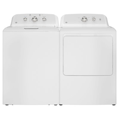 GE Appliances 4.3 cu. ft. Top Load Washer with Stainless Steel Basket, Cold Plus and Water Level Control + 7.2 cu. ft. Gas Dryer with Up to 120 ft. Venting and Reversible Door