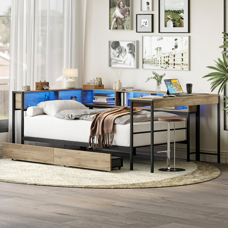 Daybed Corner Bed Frame With 2 Drawers, Desk And Bookcase Storage, Platform Bed With Charging Station, Twin