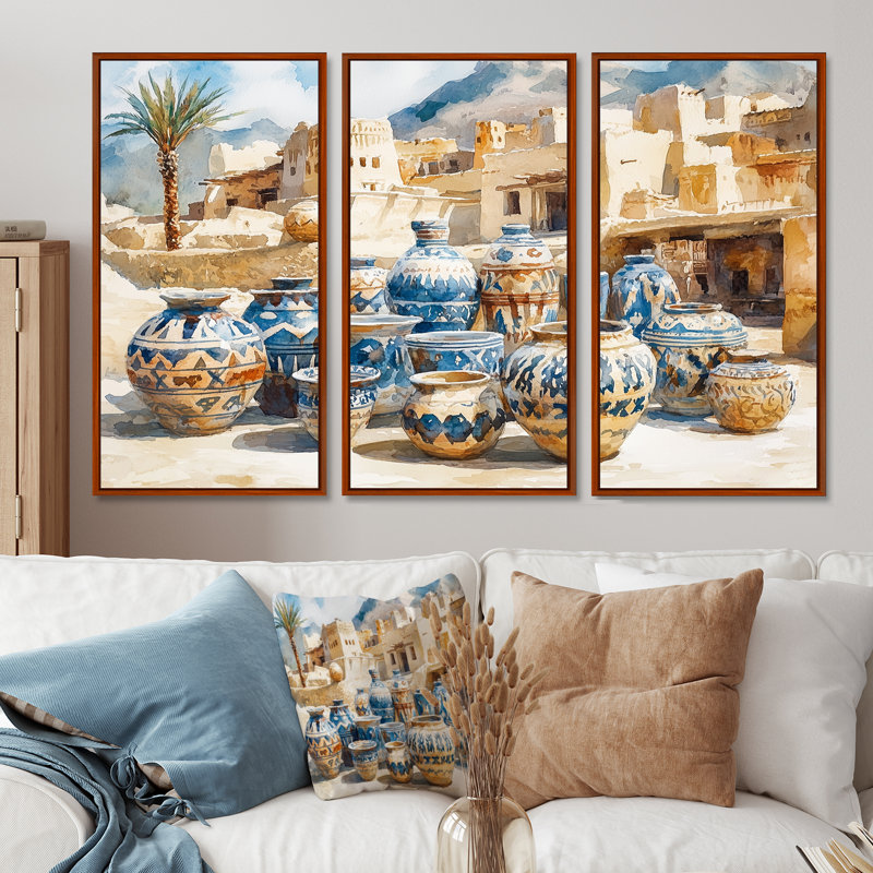 Ensemble d'art mural brun et bleu, poterie du désert africain I - Boho, H 28 po x l 36 po x P 1 po