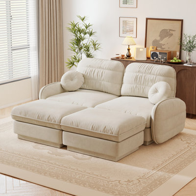 72" Wide Modern Cloud Sofa Loveseat, Chenille with Quilted Backrest, with 2 Movable Ottoman for Small Spaces living room, Cream Beige