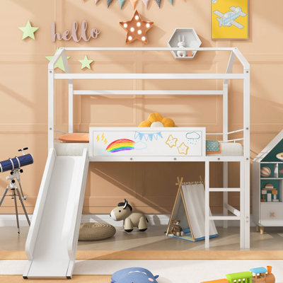 Twin Metal Loft Bed with Slide & Writing Board – Kids House Bed, Sturdy Playhouse Bunk White