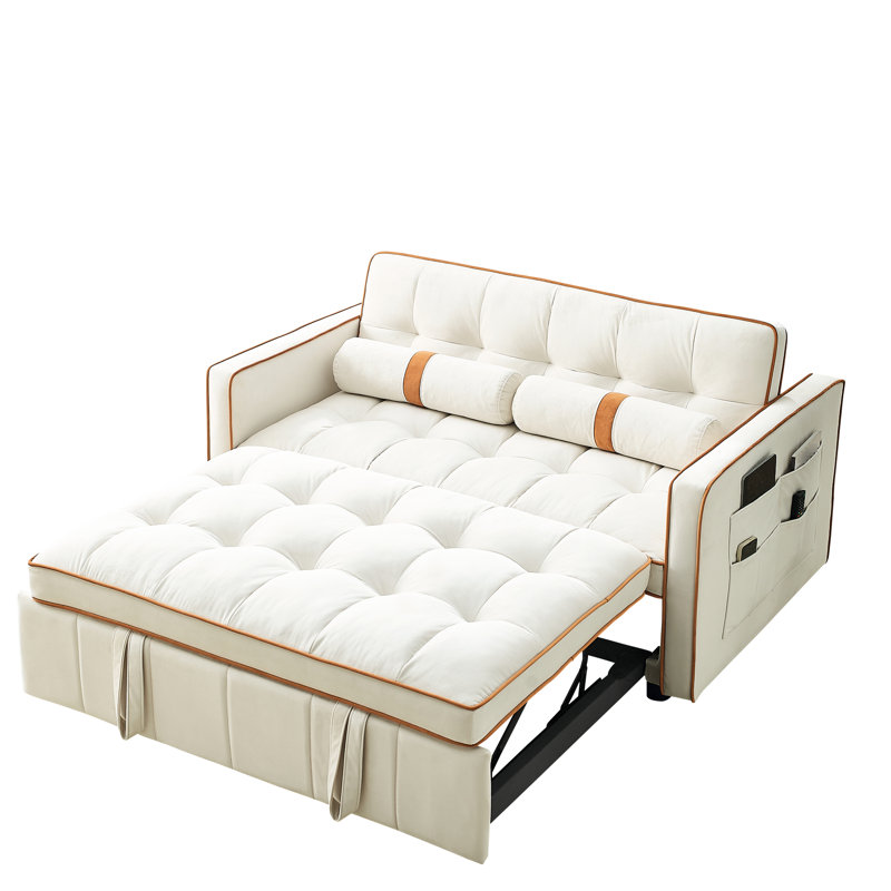 Lit gigogne escamotable de 55,5 po, 2 places avec poches latérales, coussins réglables et lombaires pour appartement, bureau, salon, canapé-lit en velours beige, coussins, thème de bureau