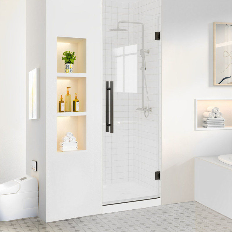 24" W × 72" H Hinged Frameless Shower Door With 5/16"(8mm) Clear Glass, Matte Black