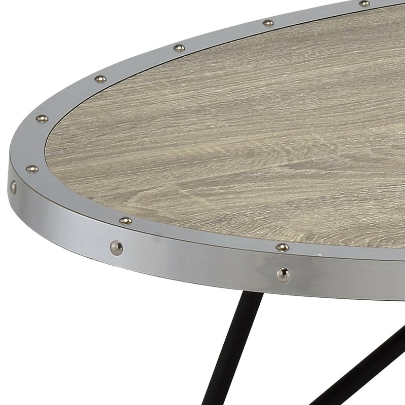 Table basse ovale avec placage en chêne gris patiné et structure en métal noir