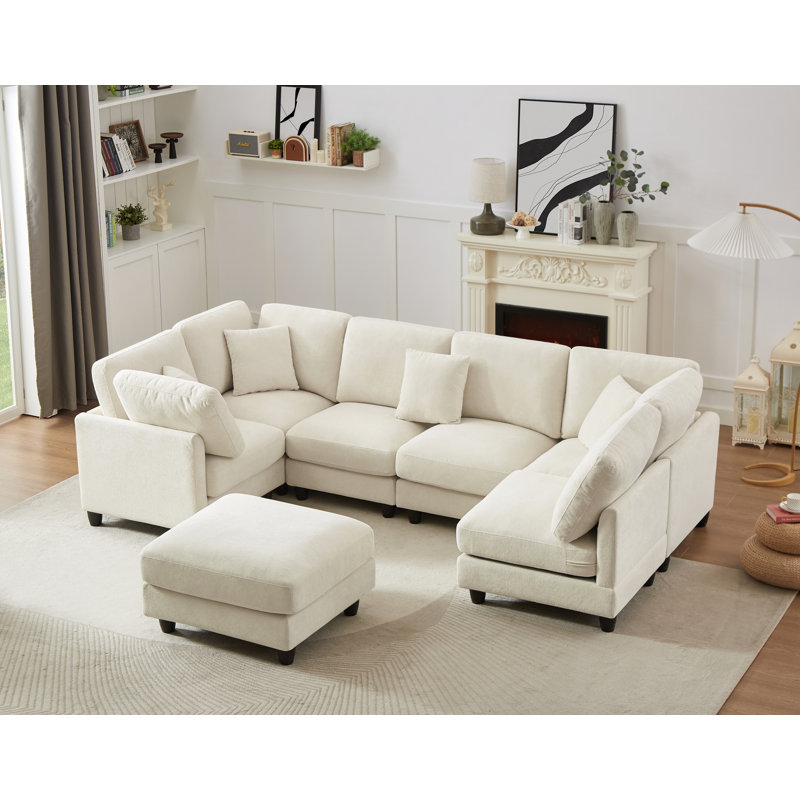 Modular Sectional Sofa, Convertible Sofa Couch Modular Sofa With Ottoman, White Chenille