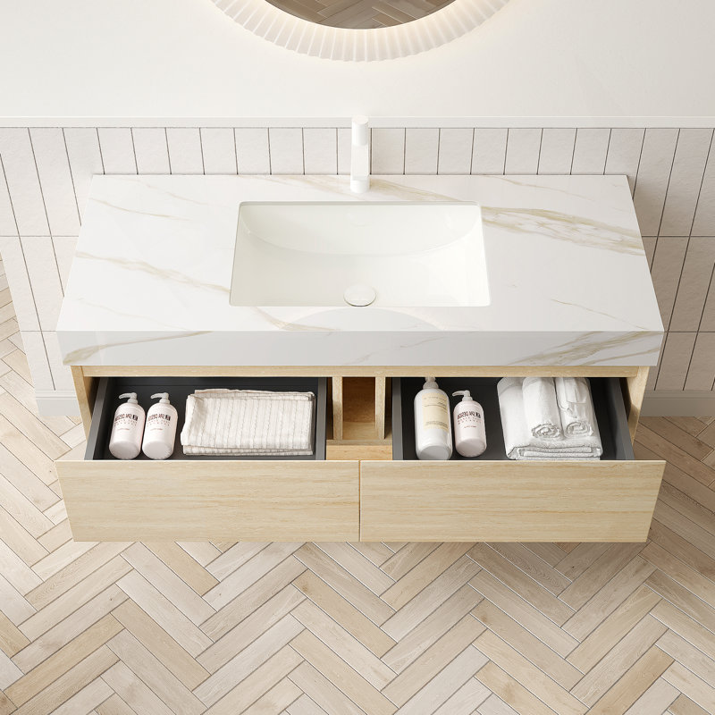 Meuble-lavabo 48 po, meuble de rangement flottant en contreplaqué, tiroirs et tablette avec capteur de lumière, lavabo encastré en céramique et plateau en pierre frittée Calacatta Gold, finition texturée en travertin