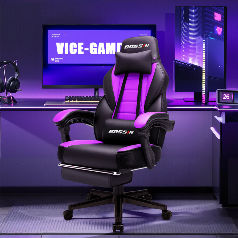 Chaises de jeu BOSIN avec repose-pieds, chaises de jeu d'ordinateur ergonomiques avec support lombaire, Mauve / Noir