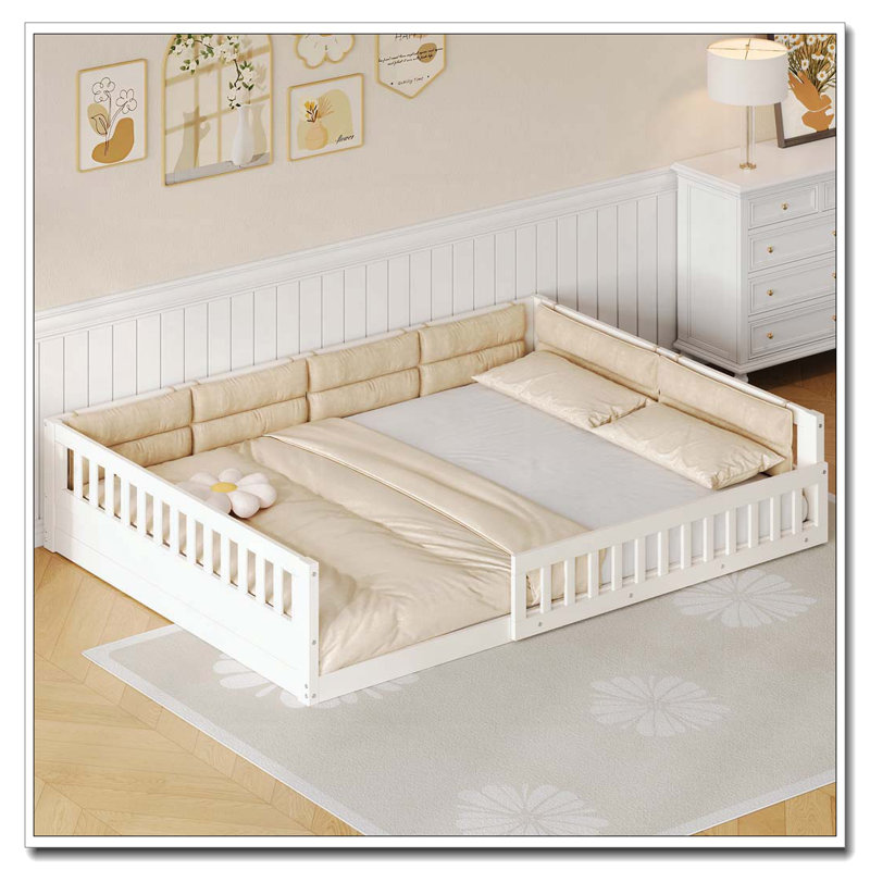 Wood Full Size Upholstered Platform Bed with Guardrail and Pillow, Beige
