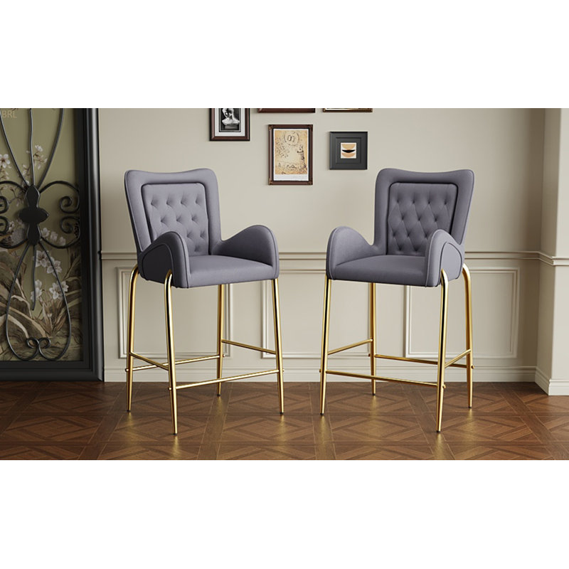 28.75Inch Counter Height Bar Stools Set Of 2, Bar Height Arm Chairs, Velvet Fabric Stools With Legs And Footrests, Gray