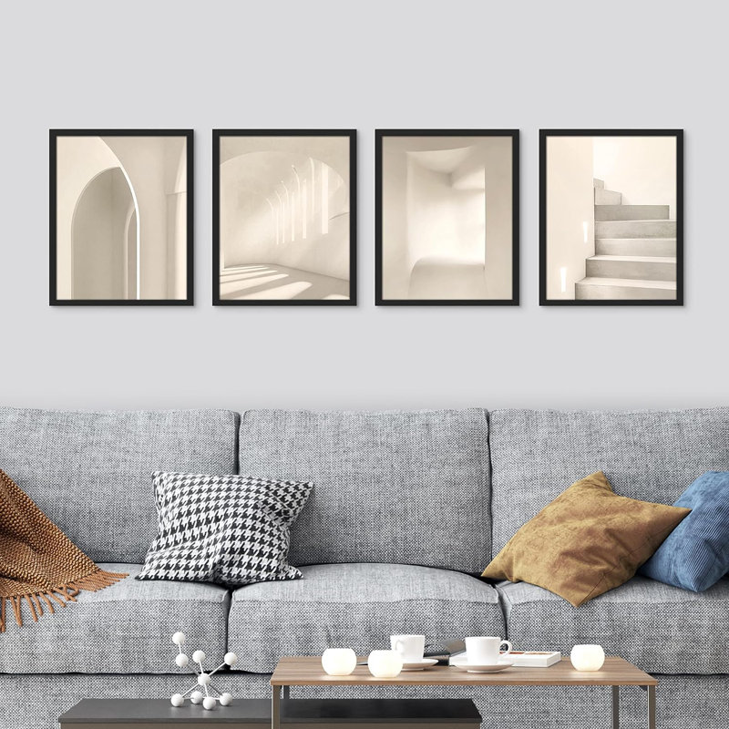 Mid-Century neutre, impression encadrée 4 pièces, Cadre noir, H 10 po x l 8 po x P 1 po