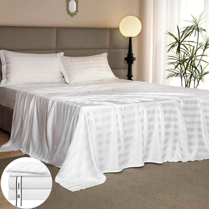 Cooling Silky Striped Sheet Set With Corner Straps, 100% Rayon from Bamboo Bed Sheets, Queen, White