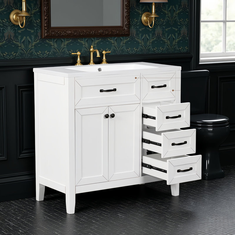 Ensemble de meuble-lavabo sur pied simple 36 po avec lavabo en céramique, 3 tiroirs fonctionnels et armoire de porte, Noir