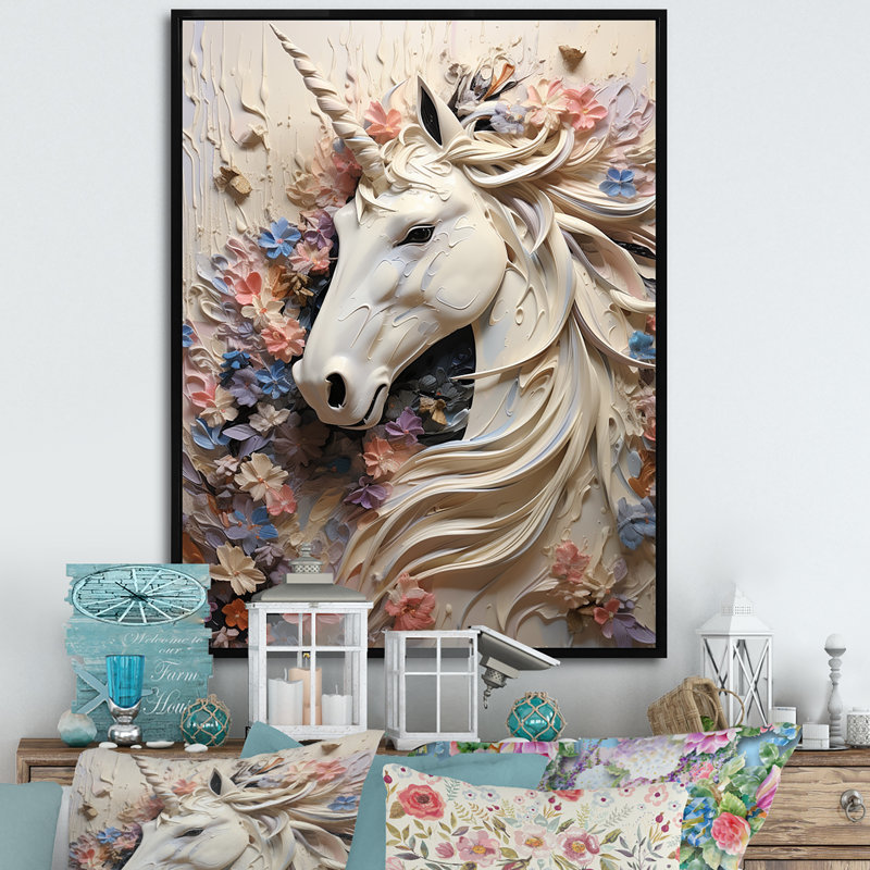 Impression sur toile Luscious Unicorn Fantasy Flower, H 44 po x l 34 po x P 1,5 po, Cadre flottant noir