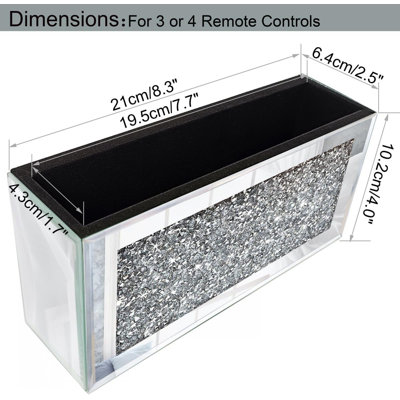 Porte-télécommandes miroir, boîte de rangement murale décorative effet diamant pour télécommandes, téléphones, tablettes, portefeuilles et ordinateurs portables (8,3" × 2,5" × 4" pour 3 ou 4 télécommandes)