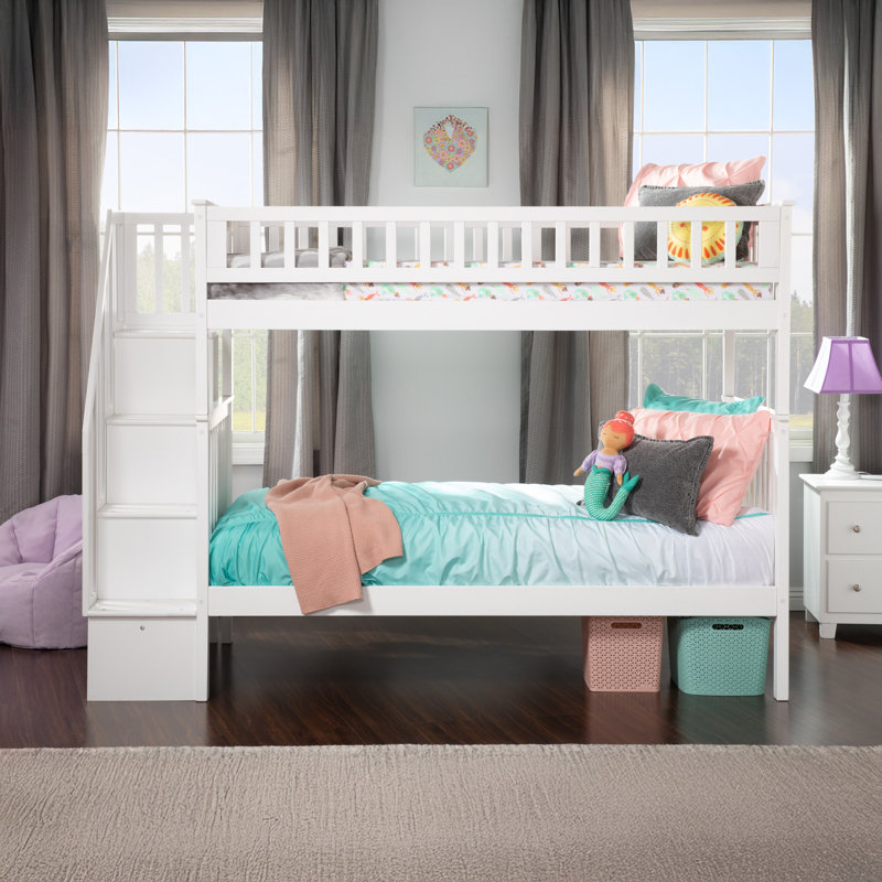 Ilariana Heavy Duty Kids Staircase Bunk Bed, White, Twin Over Twin