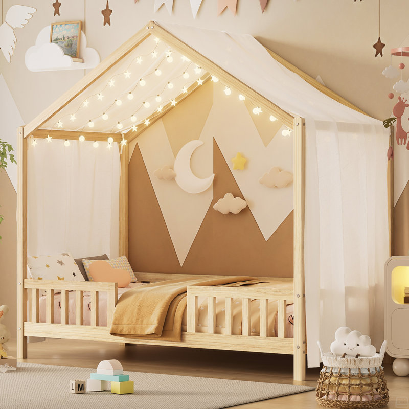 Lit sur pied avec auvent, cadre de lit simple, cadre de lit pour tout-petit en forme de maison, lit simple pour enfant, Brun