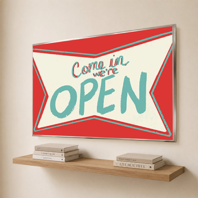 «Retro Open Sign» par Jen Bucheli - Impression sur toile, 44" H x 64" W, Argent
