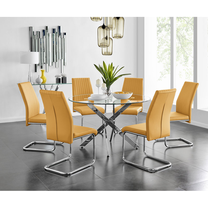 Tierra Modern Chrome Metal & Glass Round Dining Table Set with 6 Upholstered Faux Leather Chairs, Mustard