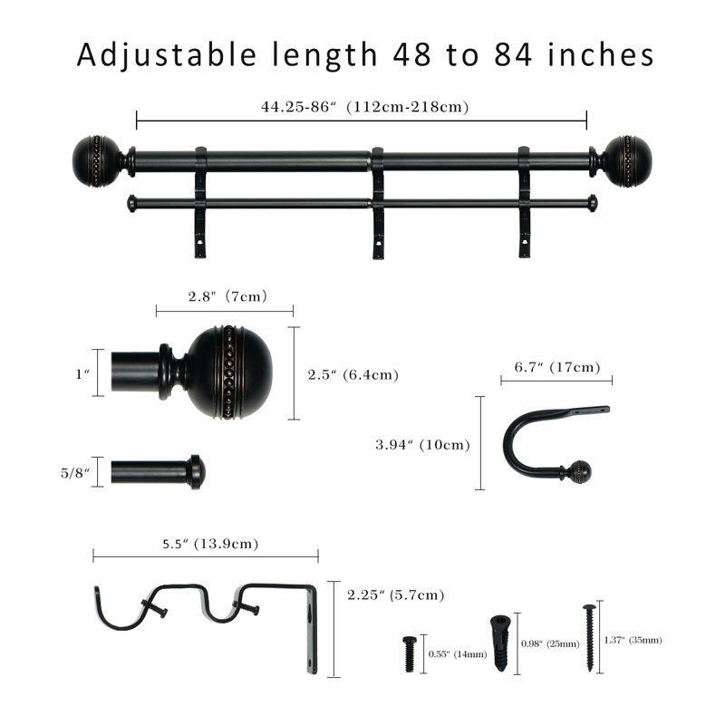 Tringle à rideaux double Camilah, Noir mat, H 2,5 po x l 86 po x P 5,5 po