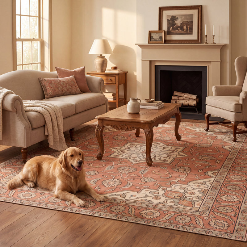 Tapis Glade traditionnel à médaillon, style persan, orange, ivoire, or, vert et gris, lavable à la machine, antidérapant, à poils courts, pour l'intérieur et l'extérieur, adapté aux animaux domestiques, idéal pour le salon, la chambre, la salle à manger, l'entrée, le couloir ou le bureau.