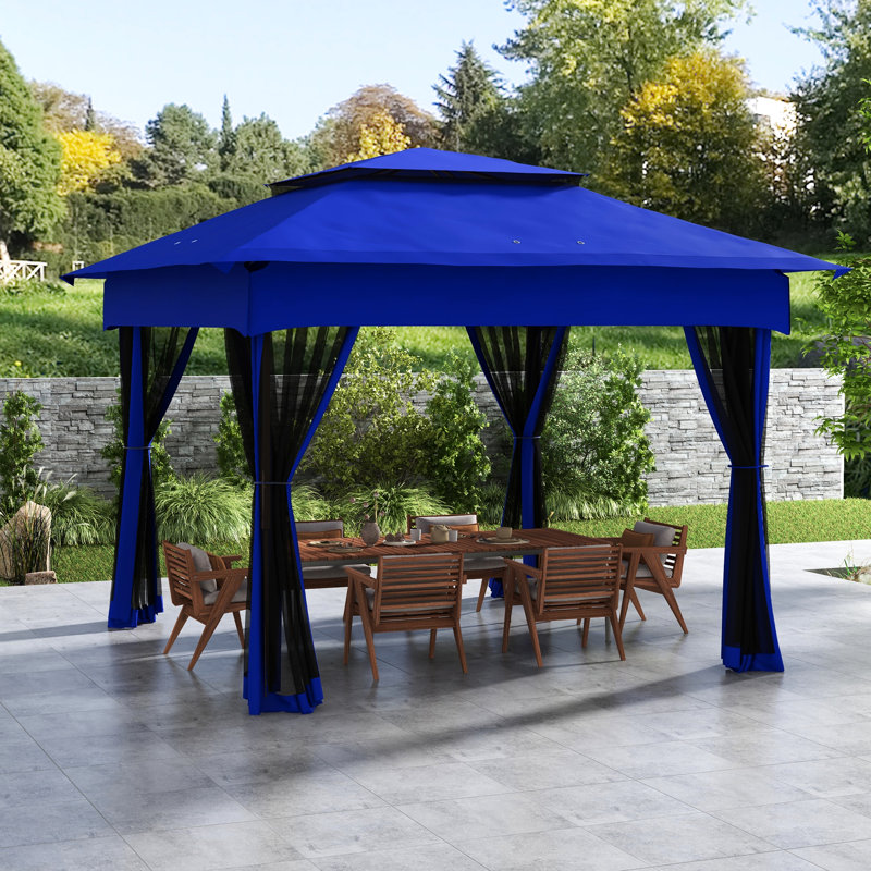 Tonnelle pliante de 3,35 m de large avec moustiquaire amovible à fermeture éclair, tonnelle instantanée, filet de protection bleu, tente, jardin