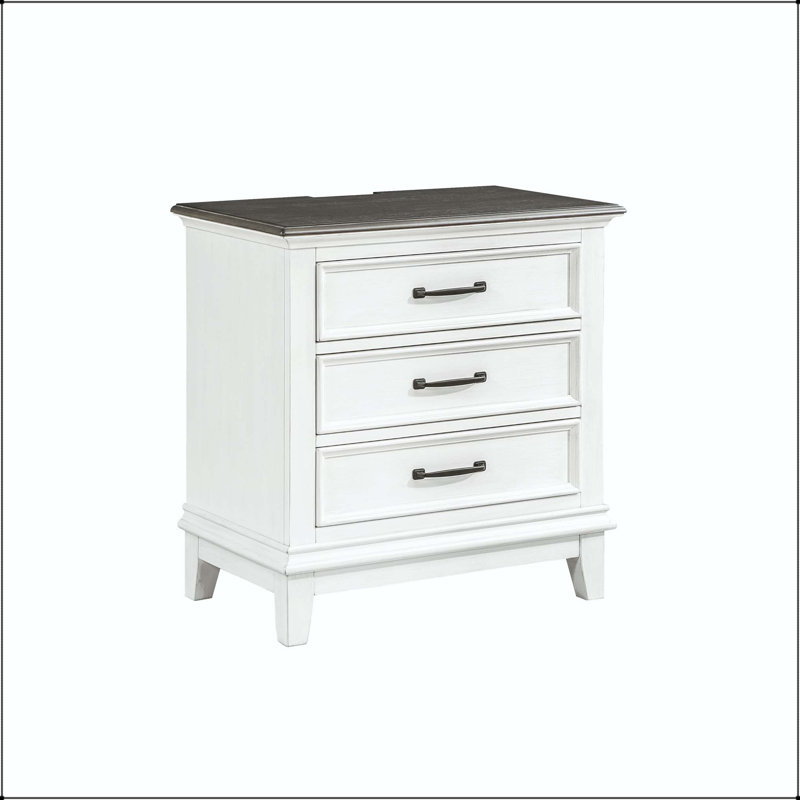 Table de chevet Farmhouse avec ports USB, prise de courant et 3 tiroirs