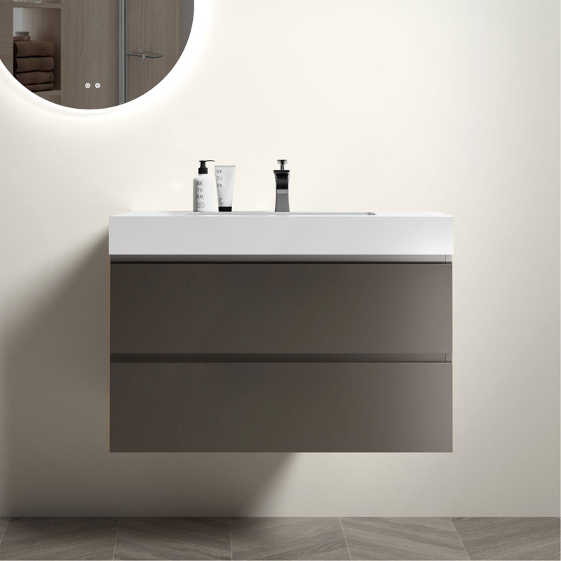 Meuble-lavabo de salle de bain avec lavabo, grand meuble-lavabo flottant mural pour salle de bain moderne, lavabo une pièce sans drain ni robinet, pré-assemblé