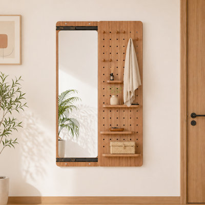 Wall Mounted Full Length Mirror with Sliding Storage and Hooks Solid Wood Frame