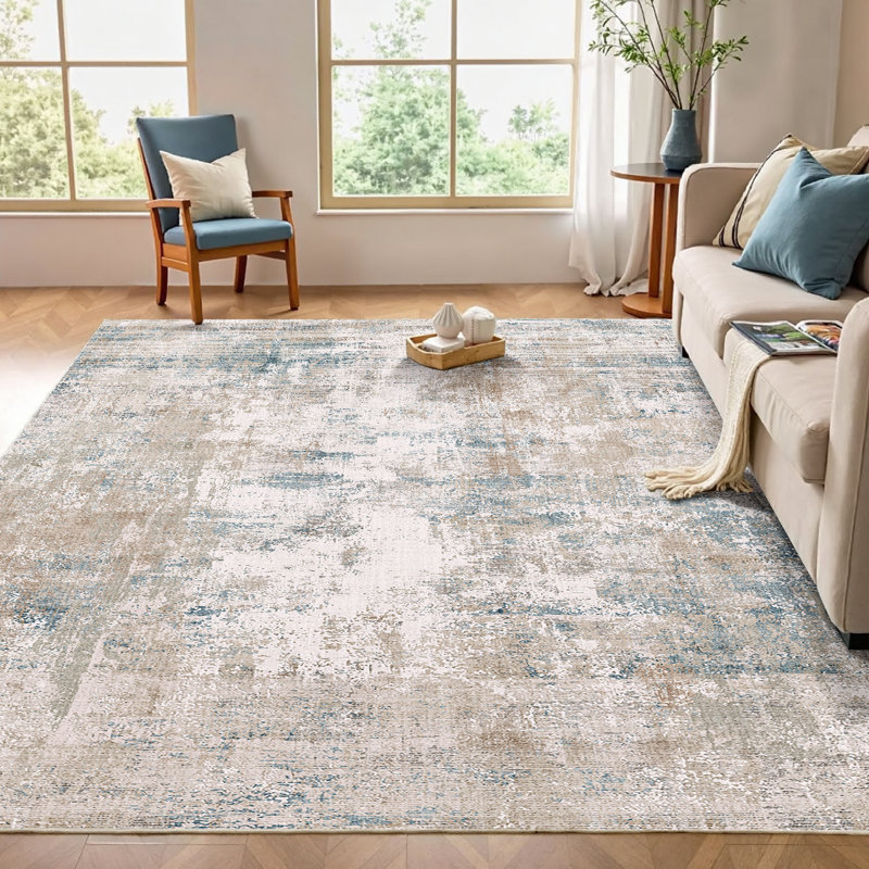 Tapis Elroy moderne abstrait lavable à la machine avec envers en caoutchouc antidérapant, Bleu beige, Rectangle 5 pi x 7 pi