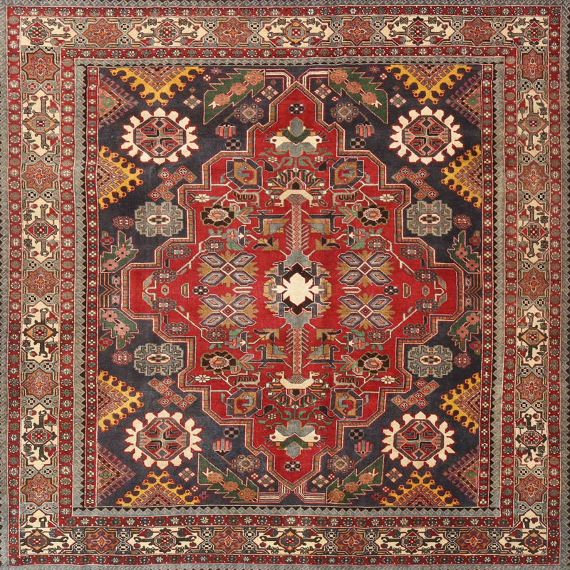 Tapis traditionnel rouge / vert, Carré 5 pi