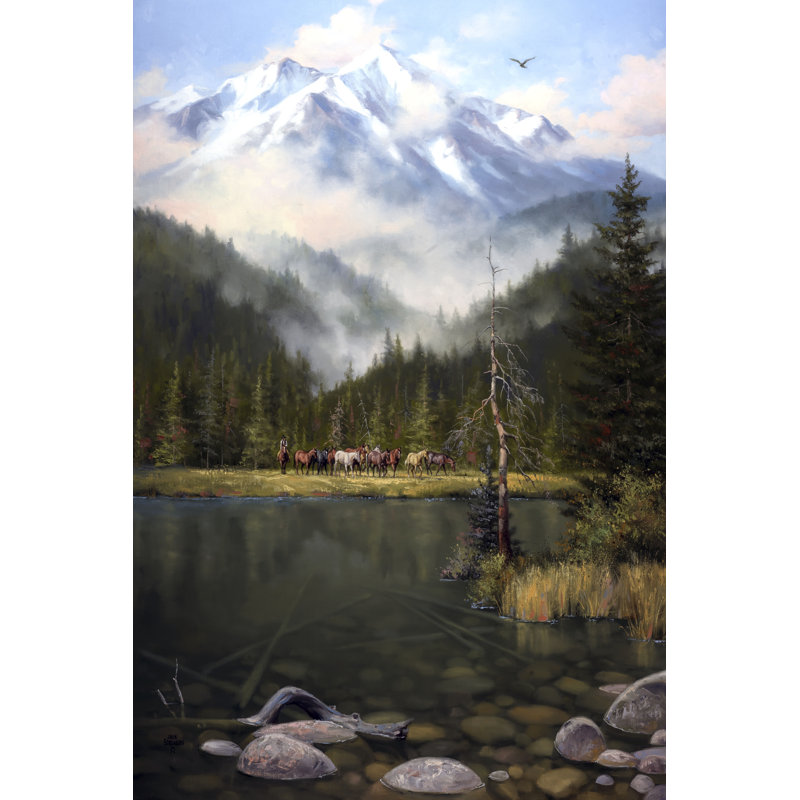 As the Mist Slowly Rises by Jack Sorenson - Painting, 122 cm H x 81 cm W, Black Floater Framed