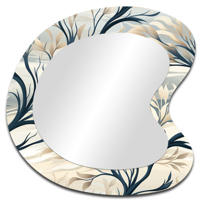 Grey Minimalist Tree Landscape - Floral Asymmetrical Mirror, Black Unique Shape Unique Wall Mirror, Printed Metal Art