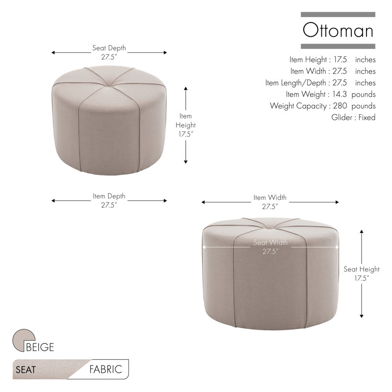 Wrought Studio™ Arlo 27.5" Fabric Round Cocktail Ottoman, Caffee Beige Fabric